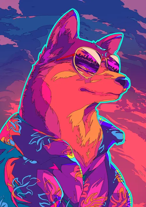 Image "A bright and stylish dog in sunglasses and a tropical print shirt, synthwave art" (1527x2160)