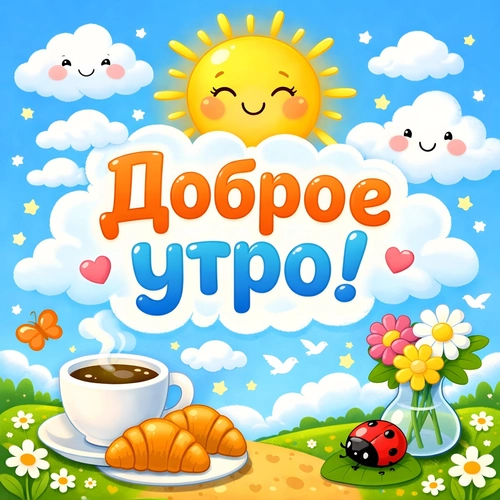 Изображение «Мультяшная открытка "Доброе утро! 🌞". Cолнечное утро с круассаном, чашкой кофе, цветами и божьей коровкой.» (1200x1200)