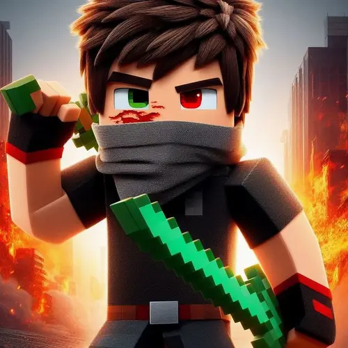 Image "A character from Minecraft with a green sword on a background of fire" (1000x1000)