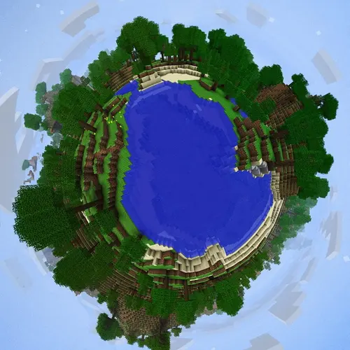 Image "A round Minecraft map with a lake in the center surrounded by trees and a fence" (1080x1081)