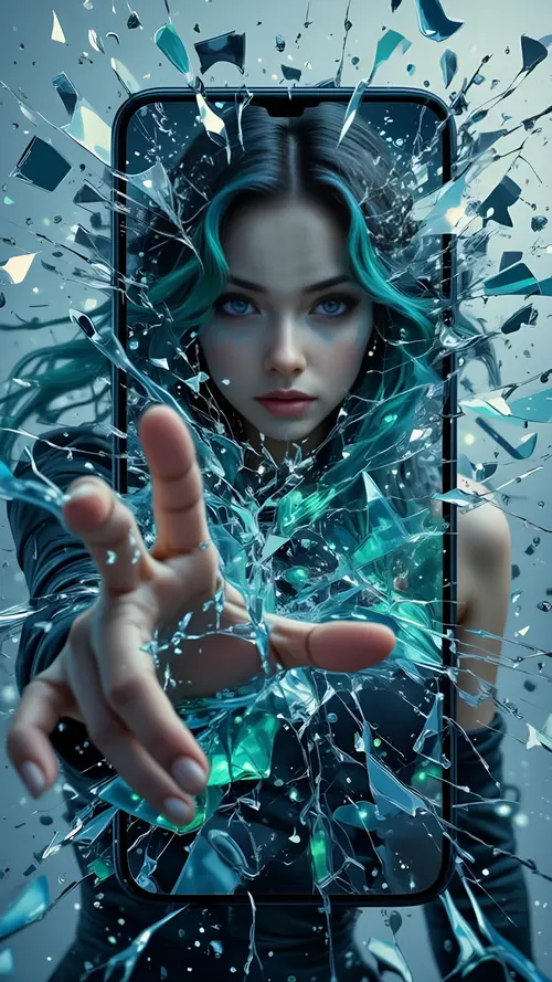 Image "The girl with turquoise hair smashing the phone screen" (2000x3556)