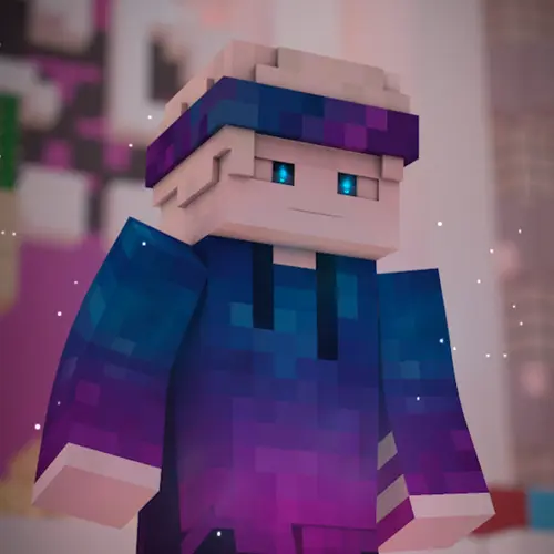 Image "A Minecraft-style character with a purple-blue gradient suit and glowing blue eyes" (1080x1081)
