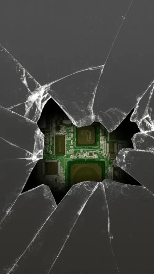 Image "A smartphone with a broken screen through which a printed circuit board with microchips is visible" (1080x1920)