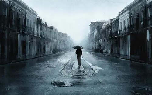Image "A lonely man walks through the rain on an empty street surrounded by old buildings" (2560x1600)