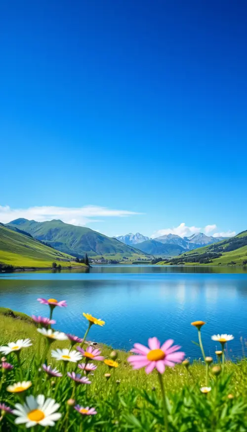Image "A summer landscape with a lake, flowers, and mountains under a clear blue sky" (1536x2688)