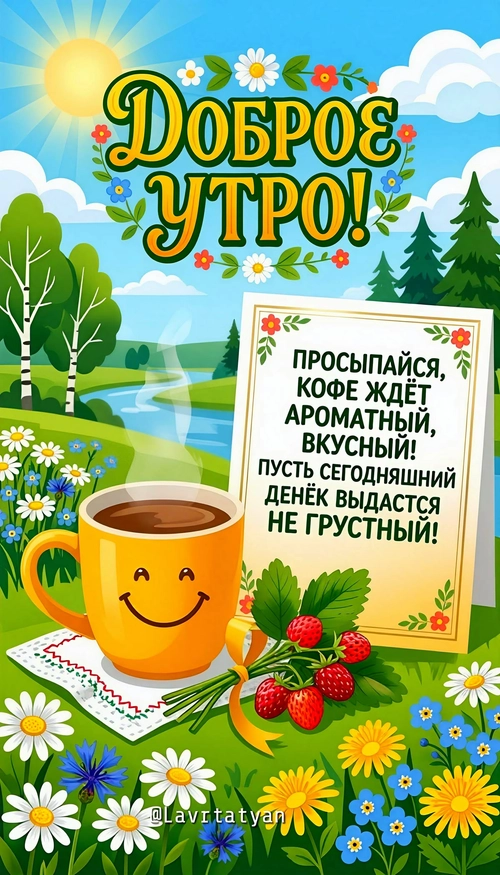 Изображение «Доброе утро! Просыпайся, кофе ждёт ароматный, вкусный! Пусть сегодняшний денёк выдастся не грустный!» (1200x2099)