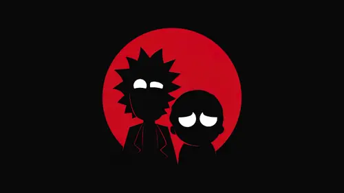 Image "Silhouettes of Rick and Morty on the background of a red circle" (5120x2880)