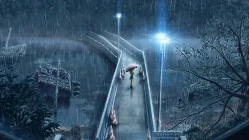 Image "Anime art with a girl in the rain with an umbrella on a bridge" (3840x2160)