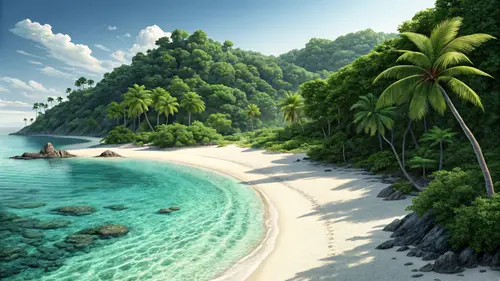 Image "A picturesque tropical beach with white sand, crystal clear water and palm trees on the background of green hills" (3840x2160)