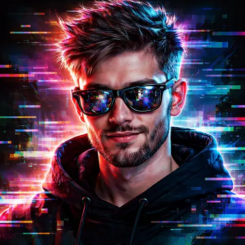 Image "Cool guy with glasses, beautiful cyberpunk background" (1024x1024)