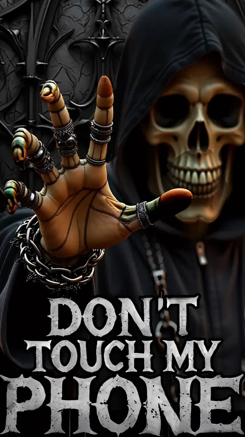 Image "A hooded skeleton holding a hand with the inscription "DON'T TOUCH MY PHONE"" (1472x2616)