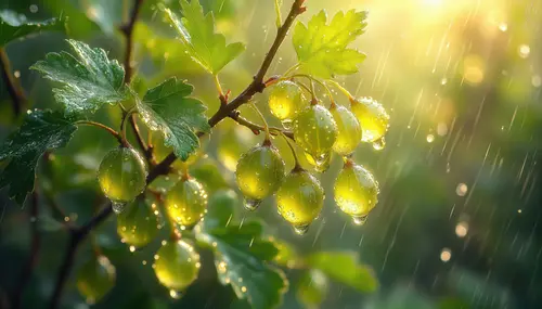 Image "Gooseberry bush with green berries in the rain" (3840x2194)