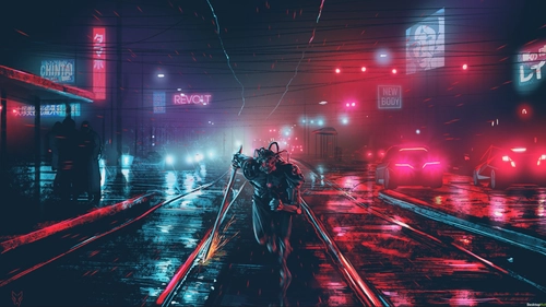 Image "Cyberpunk art, dark red neon background" (1920x1080)