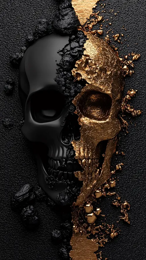 Image "Black and gold skull with elements of destruction" (1632x2912)