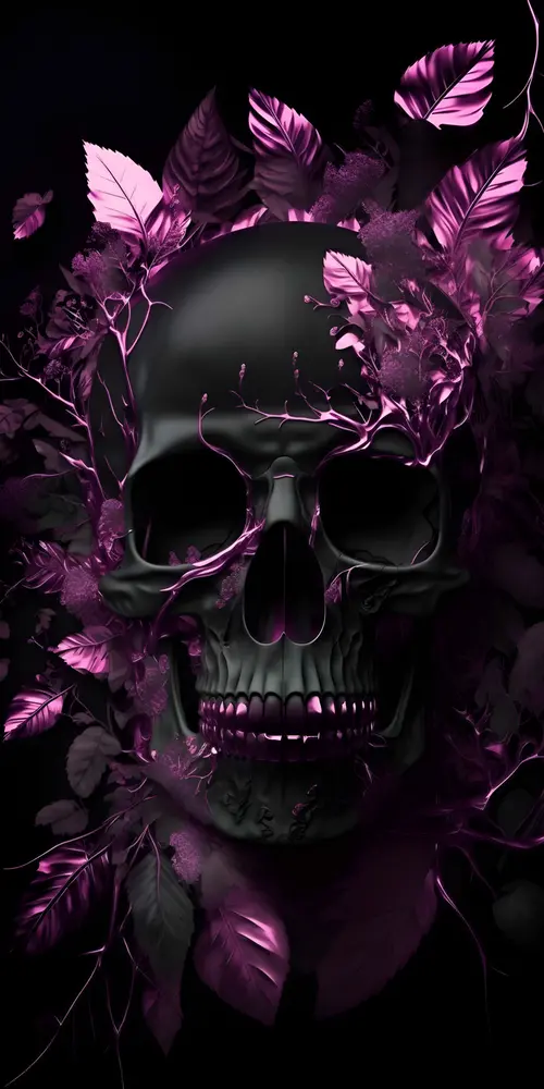 Image "A black skull with pink glowing leaves and branches" (2000x4000)
