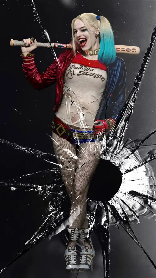 Image "Harley Quinn with a bat on the background of broken glass" (1080x1920)