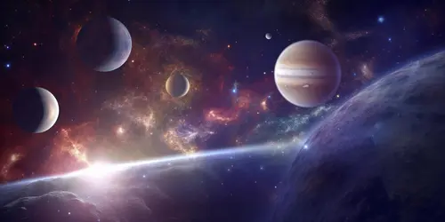 Image "A beautiful landscape with planets of the solar system, including Jupiter" (3920x1960)