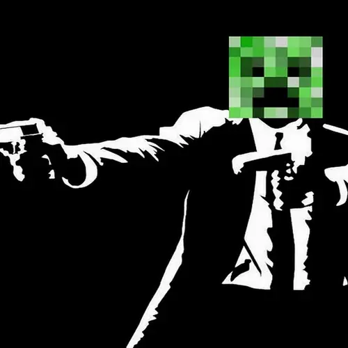 Image "A character in a suit with a gun, with the head of a pixel creeper from Minecraft" (1080x1081)