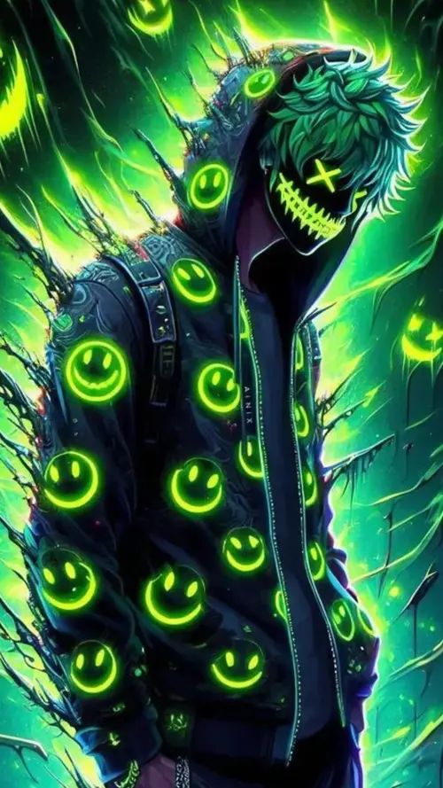 Image "An anime/cyberpunk character with green hair and glowing emoticons" (1080x1920)
