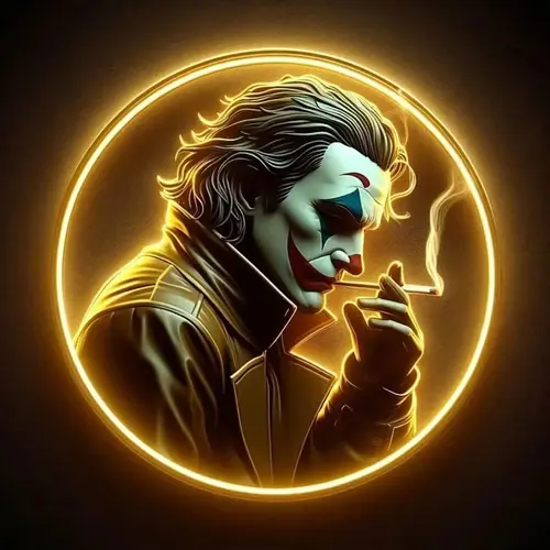 Image "The Joker holding a cigarette and surrounded by a glowing golden circle" (1080x1080)