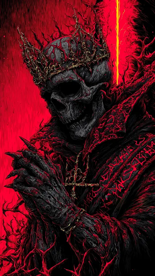 Image "A skeleton wearing a crown with a cross on a red background is shown" (2308x4096)