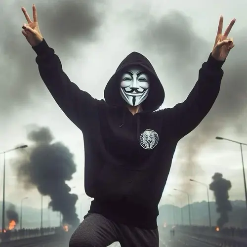 Image "A man wearing an "Anonymous" mask stands with his hands raised, making a peace sign, against the backdrop of a gloomy city with smoke and lights" (960x960)